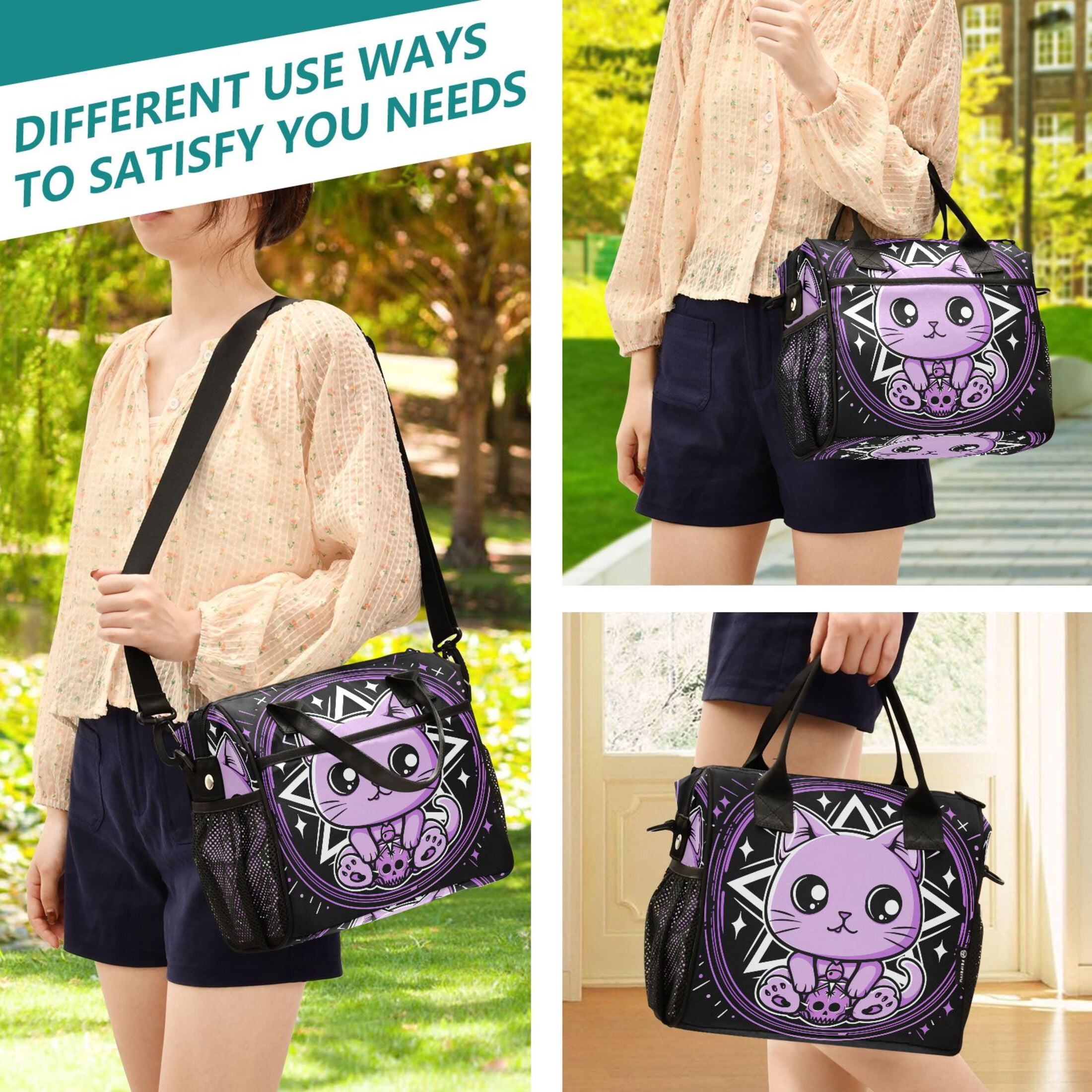 Lunch Bag Insulated Lunch Box Leakproof Reusable Cooler Tote Adjustable Shoulder Strap for Men Women Cute Cat with Skull 12L