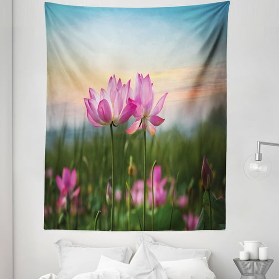 Lotus Tapestry, Flower Blooming in Spring Meadow Natural Garden, Fabric Wall Hanging Decor for Bedroom Living Room Dorm, 5 Sizes, Pale Pink Pale Blue, by Ambesonne