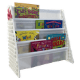 thumbnail image 3 of UNiPLAY Kids Plastic Bookcase Display Storage Rack, 4 Tier Bookshelf with Stacking Block Play Side Panels, (White/White), 3 of 5