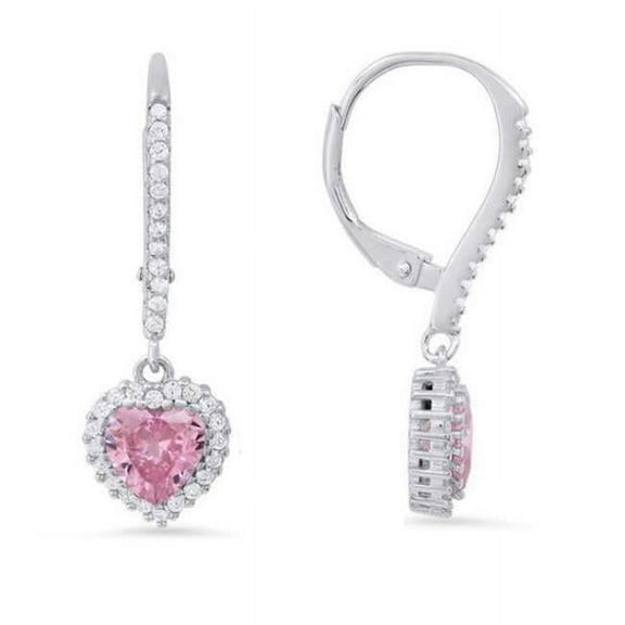 212 Main 04-118PK-DSE Womens Sterling Silver Heart-Cut Pink Sapphire Cubic Zirconia Halo Leverback Earrings