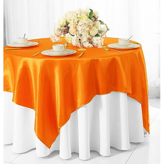Wedding Linens Inc. (2 pcs) 54 inch Satin Square Table Overlay Topper - Tangerine