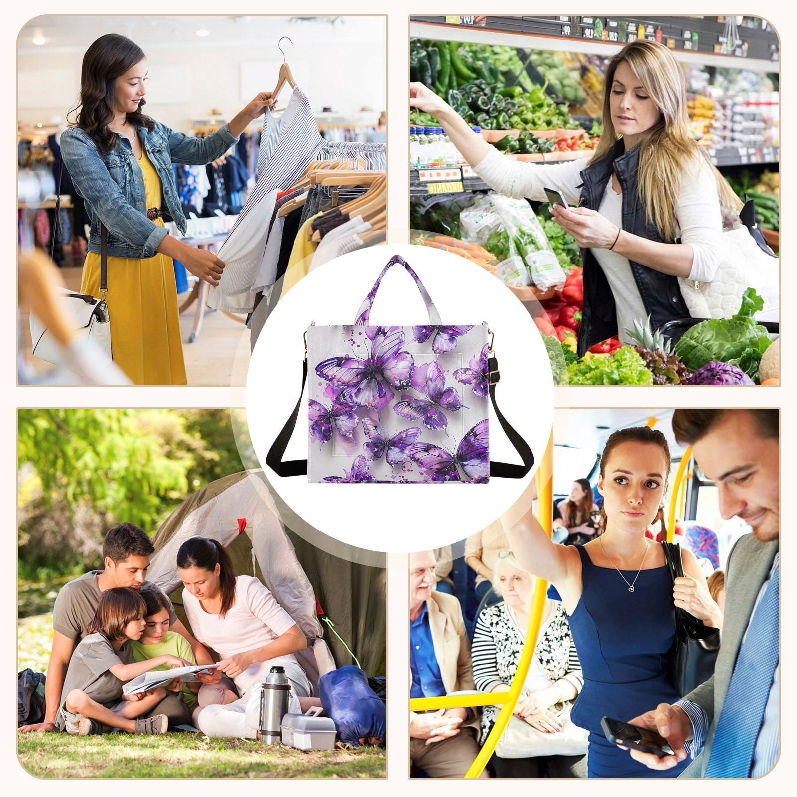 Purple Butterflies Watercolor Corduroy Tote Bag Handbag Large Messenger Bag Shoulder Crossbody Zipper Bag Purse