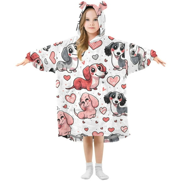 Dailycode Wearable Blanket Hoodie Oversized Sherpa Flannel Blankets with Pocket for 3-14 Year Old Dachshund Dogs and Heart