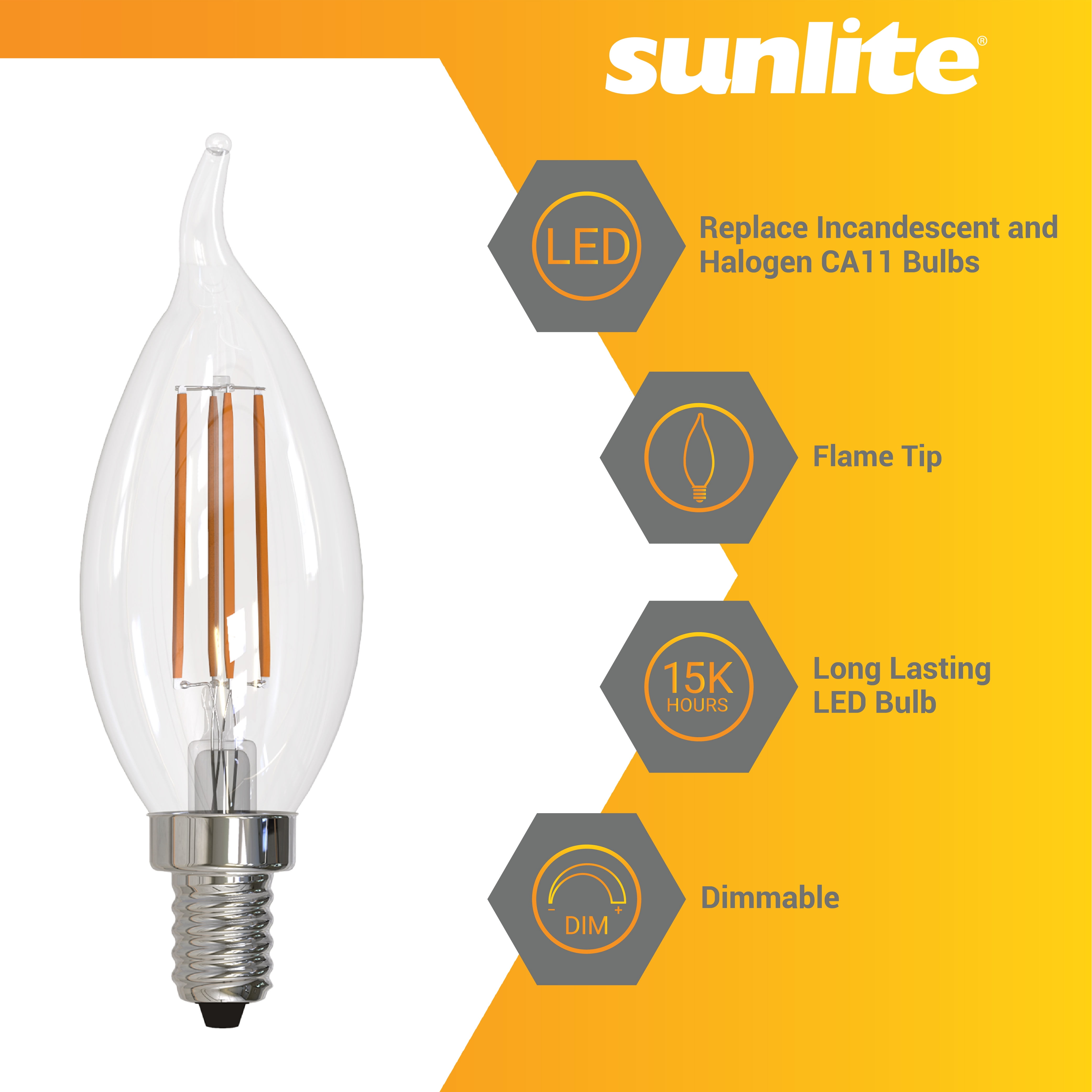 Sunlite LED Filament CA11 Flame Tip Chandelier Light Bulb, 5.5 Watts (60W=), 600 Lumens, Candelabra Base (E12), Edison Style, 90 CRI, Dimmable, UL Listed, 3000K Warm White, 6 Count