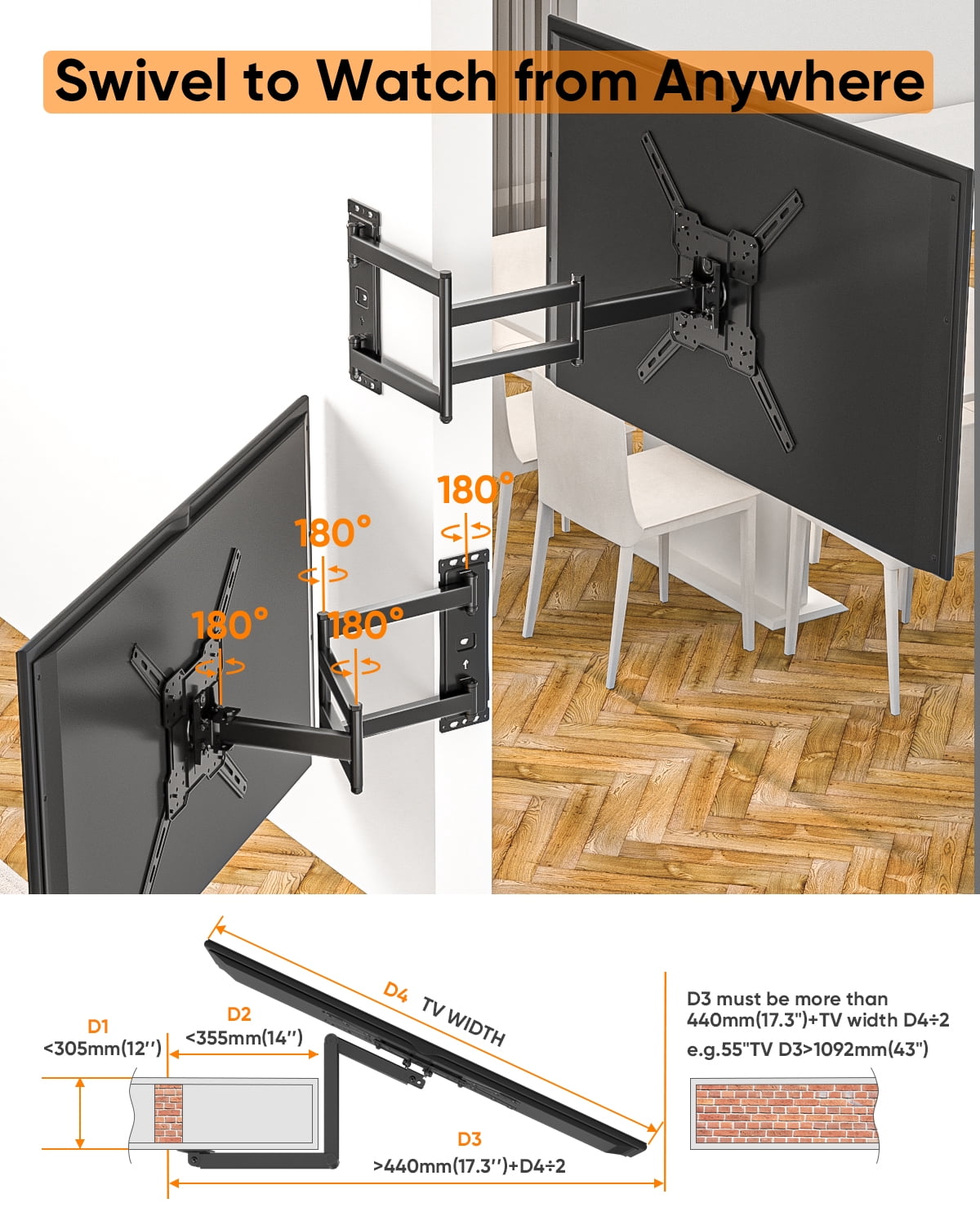 FORGINN MOUNT Long Arm TV Wall Mount with 40.75 Inch Extension, Corner TV Mount Bracket with Swivel, 180° Rotation, Tilt, 3 Folding Articulating Arms for 26-65 Inch TVs, Max 400x400mm Holds 77lbs