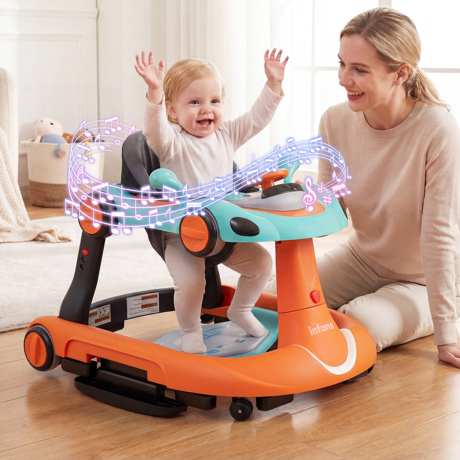 INFANS 6-in-1 Baby Walker, Converts Push Car to Bouncer, Rocker with Music, Lights, Adjustable Height & Speed, Activity Center, Canopy for 7-18 Months