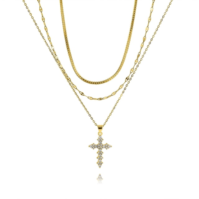 Collar de 3 capas con colgante de cruz JeenMata en baño de oro amarillo