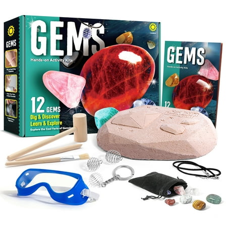 Piano Potato 12PCS Gemstone Dig Kit, Real Gem Excavation Kit, Gem Mining Kit for Kids, STEM Excavation Toy with DIY Bracelet & Necklace Craft, Gift for Age 6-12 Boys and Girls