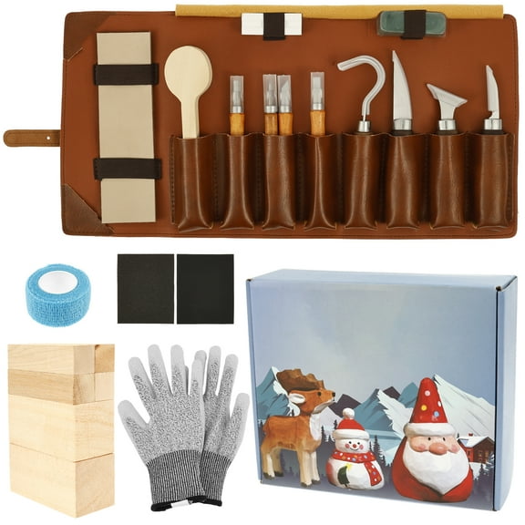 23Pcs Practical Wood Carving Kit Complete Wood Whittling Kit with PU Leather Bag and Block for Beginner Professional Kid Adult