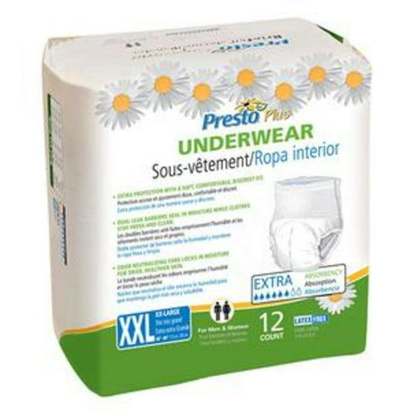 Presto Maximum Absorbency Underwear, 2XL (68" to 80" Waist), White, Case of 48