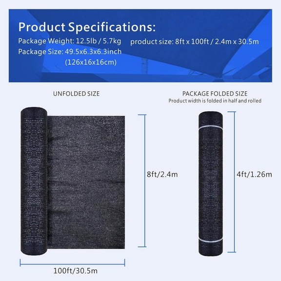 8ft x 100ft Black Bulk Shade Cloth, 60% Shade Fabric Roll, Outdoor Black Windscreen Cover Fabric Roll Garden Sunblock Shade Tarp Netting Mesh for Covering Garden, Greenhouse, , Canopy