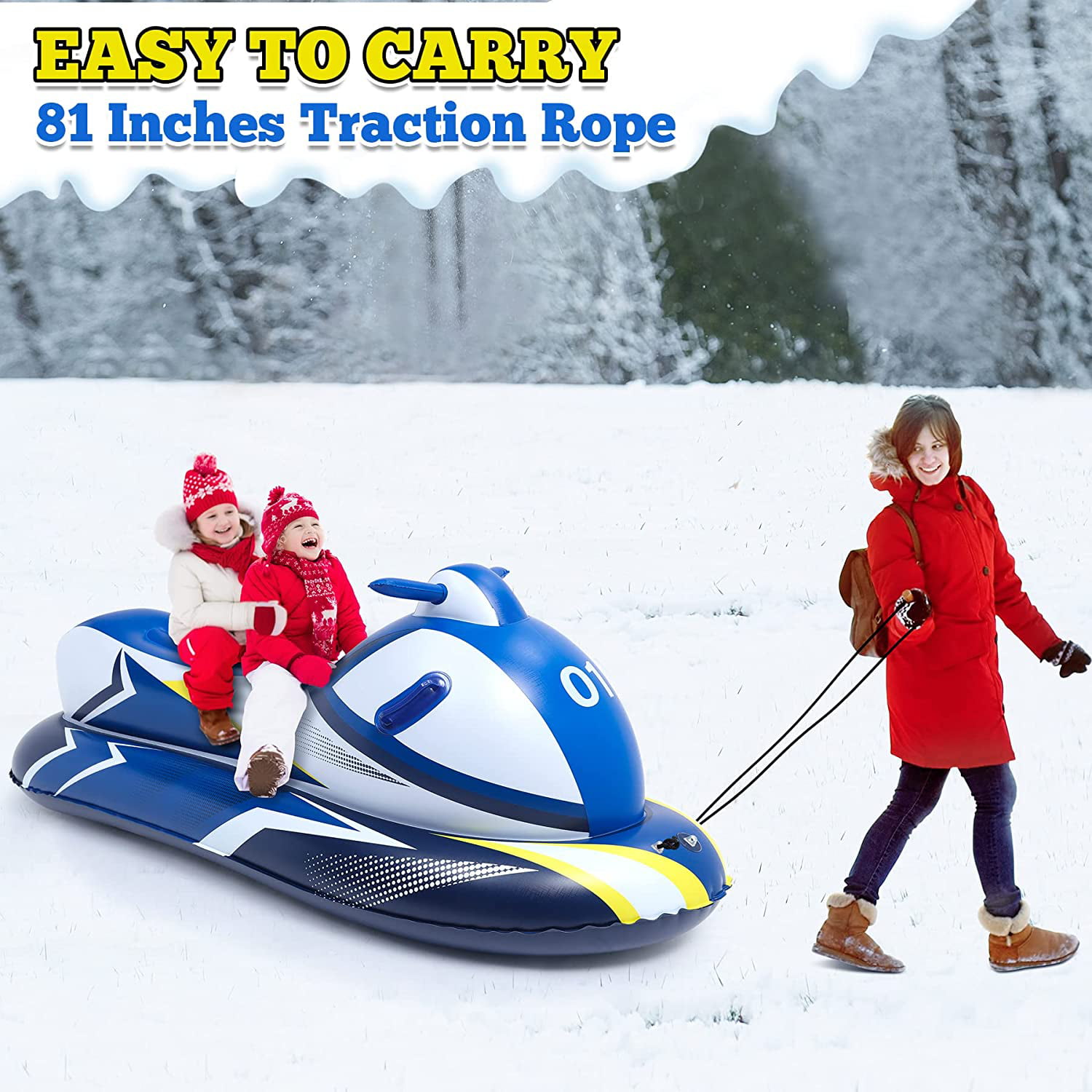 Inflatable Snow Sled Snowmobile for Christmas Winter Outdoor Activity Heavy-Duty Giant Snow Tube for Sledding Kids and Adult Sled with Reinforced Handles for Winter 