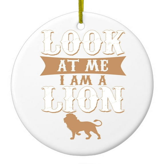 DistinctInk Hanging Ceramic Christmass Tree Ornament with Gold String - Great Gift / Present - 2 3/4 inch diameter - Look At Me I Am A Lion