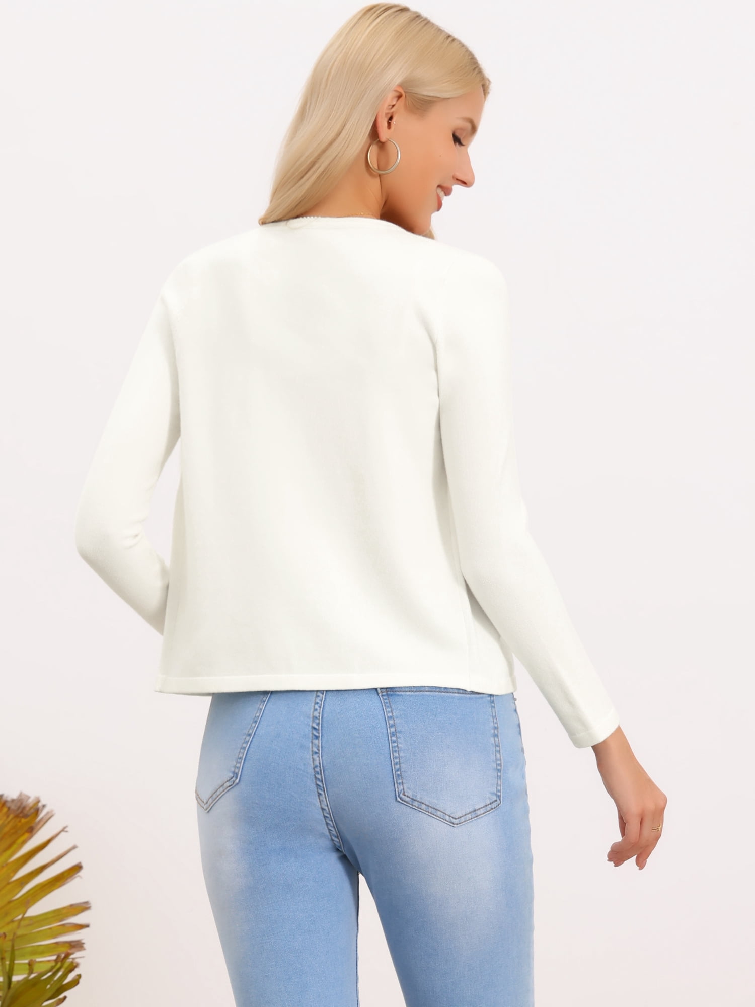 DARING DIVA Women's Elegant Long Sleeve Pearls Trim Open Front Bolero Shrug XS White
