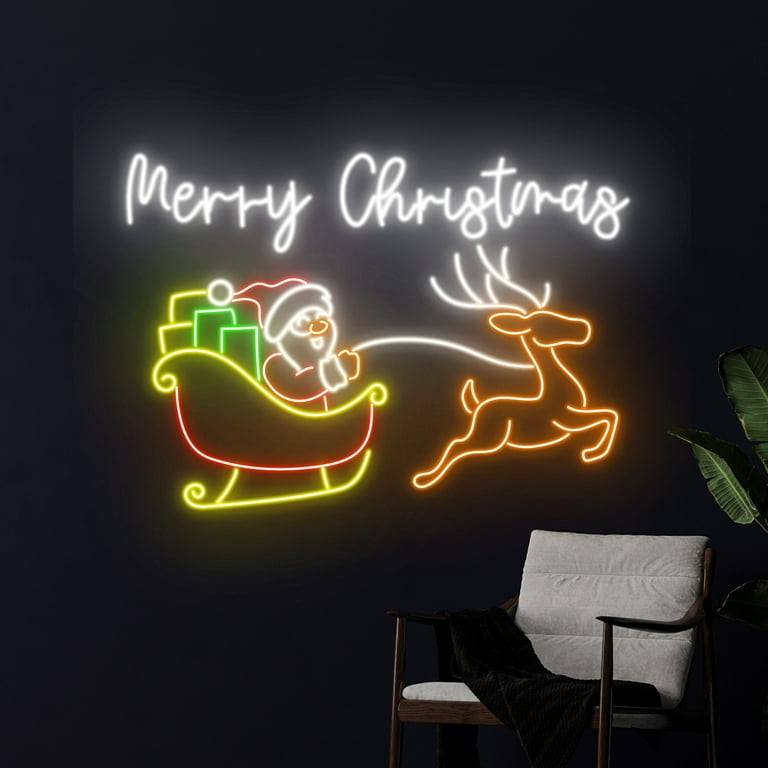 Handmadetneonsign Merry Christmas Santa Claus Sleigh Reindeer Neon