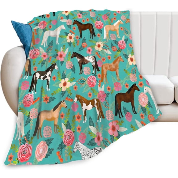 Horse Print Throw Blanket Horses and Flowers Pattern Blanket for Girls Kids Adults Super Warm Soft Cozy Plush Fleece Flannel Blanket for Sofa Couch Bed Birthday Gifts 40"x50"