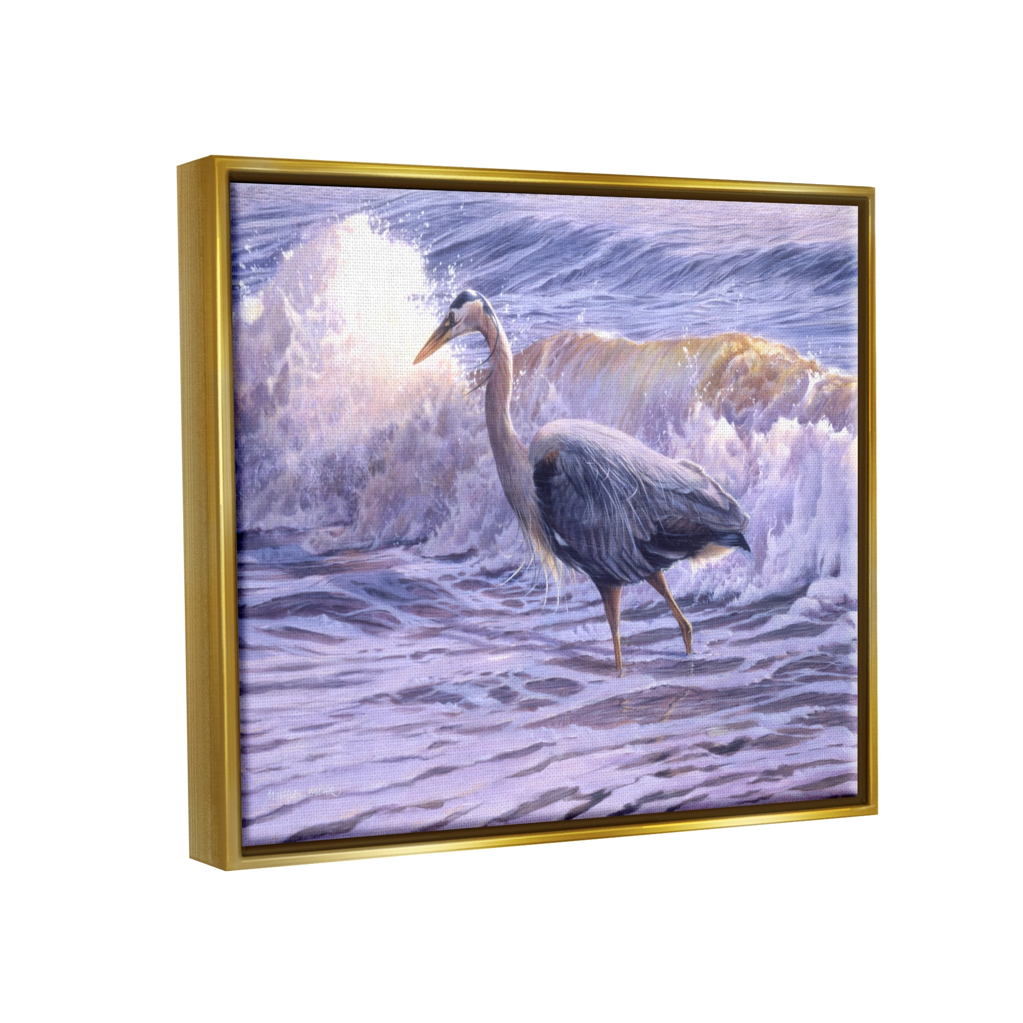 Stupell Industries Crane Bird Splashing Ocean Waves Coastal Photography Gold Floater Framed Art Print Wall Art