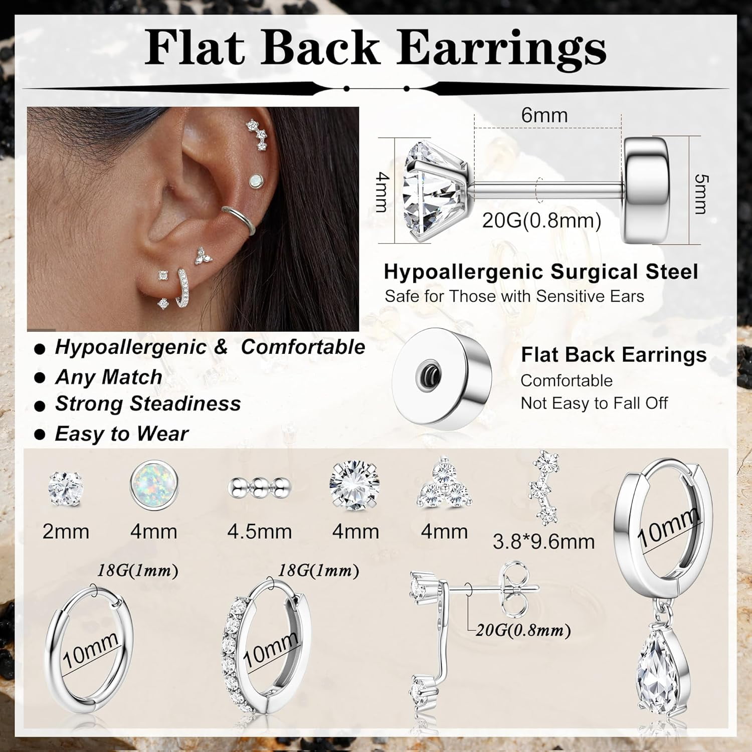 Hypoallergenic Flat Back Earrings Gold Cartilage Earring Sets for Multiple Piercing 20G Surgical Stainless Steel Earrings for Women Trendy Earring Stacks Small Hoop Flatback Stud Earrings