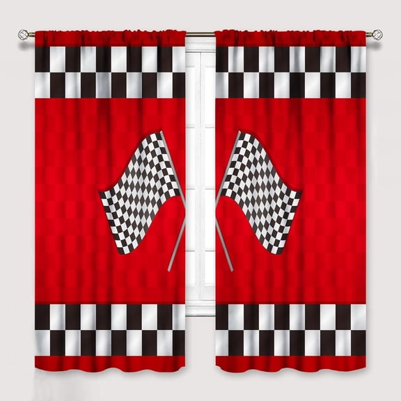 Racing Car Kids Curtains, Boys Construction Vehicles Window Treatments for Boys Bedroom,Red Racing Flag Drapes 2 Panel Sets,52x84 Inch