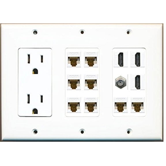 RiteAV - (3 Gang 15A Power Outlet 3 HDMI 1 Coax 8 Cat6 Ethernet Wall Plate White