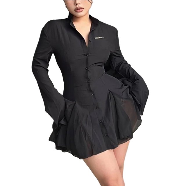 SAYOO Mini vestido de mujer, manga larga, cuello en V, color sólido, con botones, vestido de camisa SAYOO moda