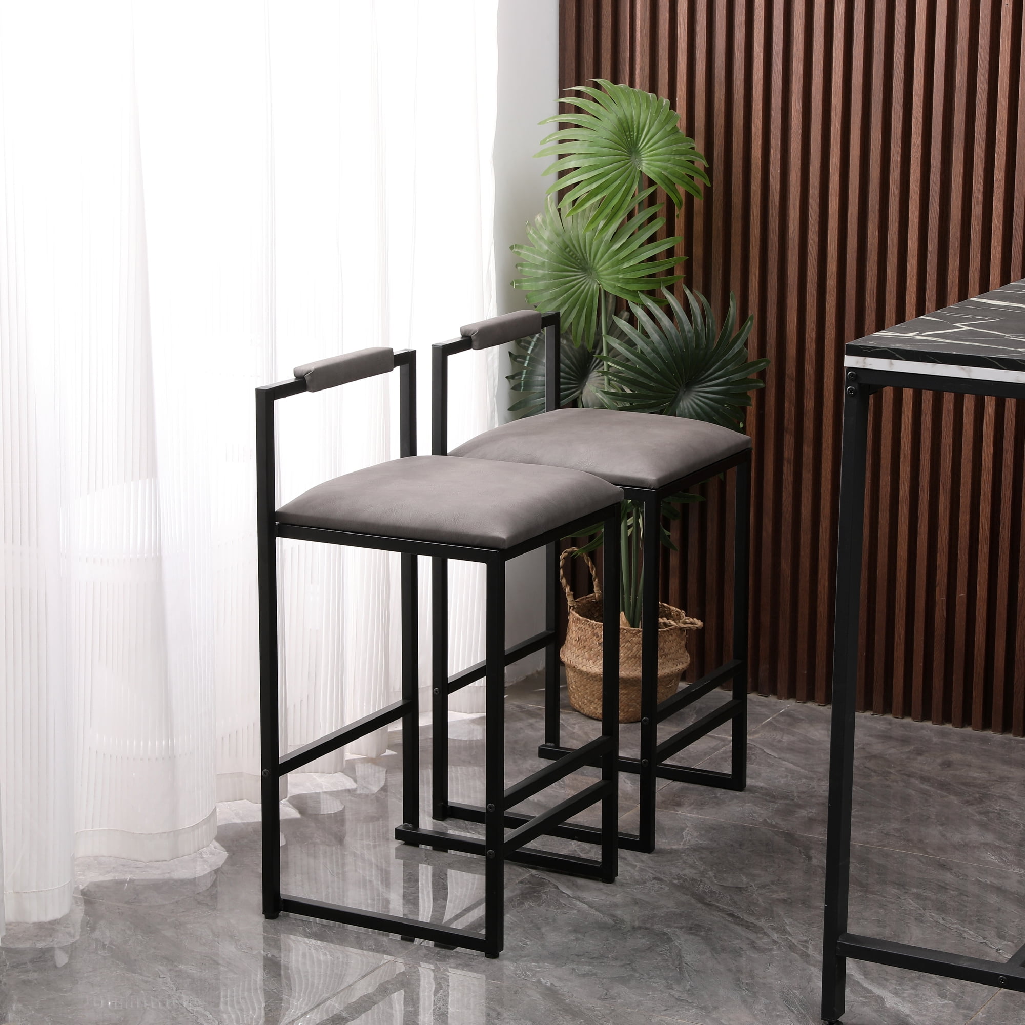 Leumius Bar Stools Set of 2,Faux Leather Upholstered Counter Height Bar Stools,Kitchen Island Stools with Back and Metal Legs,Gray