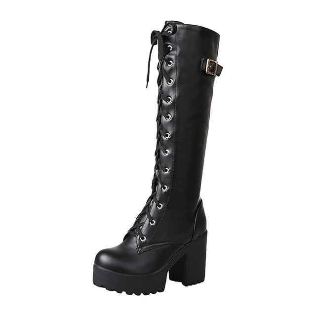 Leozcaa Women's Knee High Boots Ladies Lace Up Motorcycle Boots with Zipper Soft Thigh High Riding Boots