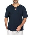 thumbnail image 2 of Leutsin Men's Drawstring Solid Color Cotton And Linen Short Sleeve T-shirt Tops, 2 of 6