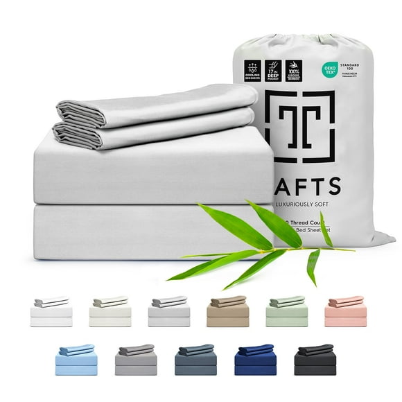 Tafts Draps 100 % Viscose Dérivés de Bambou Taille Cali-Très Grand Ensemble de Draps 17 Pouces Poches Profondes Luxueusement Doux Soyeux Rafraîchissants Double Couture Garantie à Vie (Gris Clair)