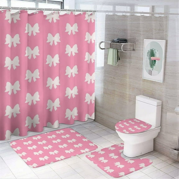 Pink Bow Pattern Shower Curtain Set Modern Bathroom Decor Mats 4pcs Fabric Bathroom Curtain Slip Floor Rug Toilet Lid