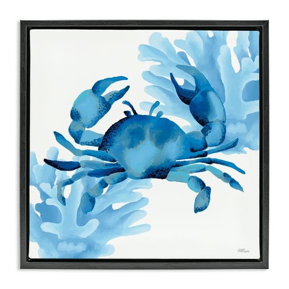 Stupell Industries Blue Tone Crab & Coral Animals Painting Black Floater Framed Canvas Art Print Wall Art, 18 x 18