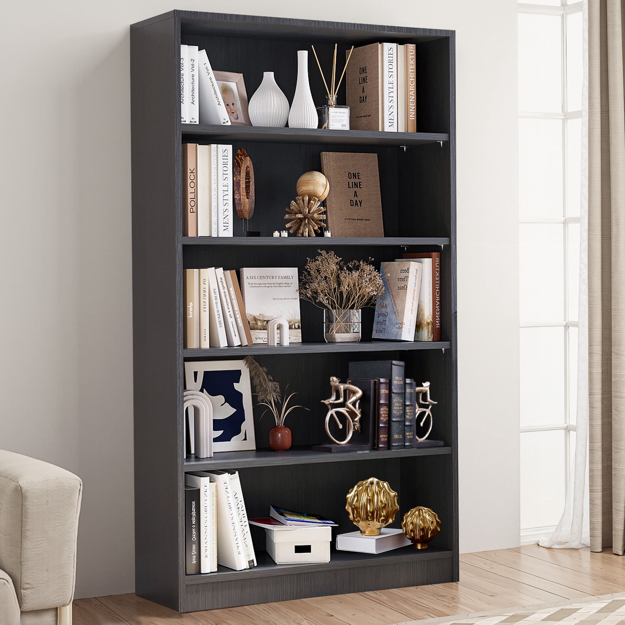 MAYEERTY Gray 5-Shelf Modern Wood Bookcase, 60" Tall, for Bedroom, Living Room, and Manga Library