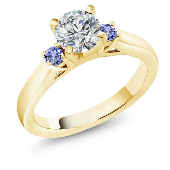 Gem Stone King 18K Yellow Gold Plated Silver Lab Grown Diamond and Blue Tanzanite Engagement Ring for Women | 0.90 Cttw | Round 6MM | Gemstone April Birthstone | Size 5
