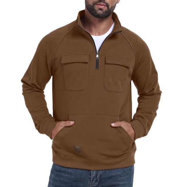 Pullovers for Men Solid Multi Pocket Half Zipper Stand Collar