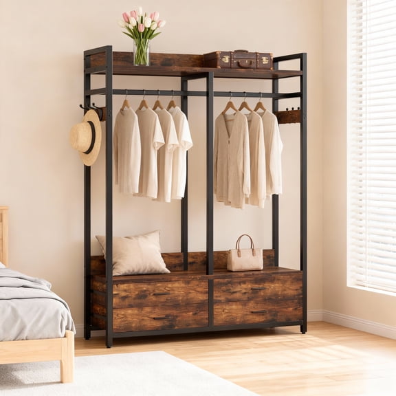 KIOOTTO 47" Heavy Duty Freestanding Closet Organizer, Rustic Brown Garment Rack with 4 Drawers & 8 Hooks, Metal Clothing Rack with Shelves for Bedroom & Laundry Room