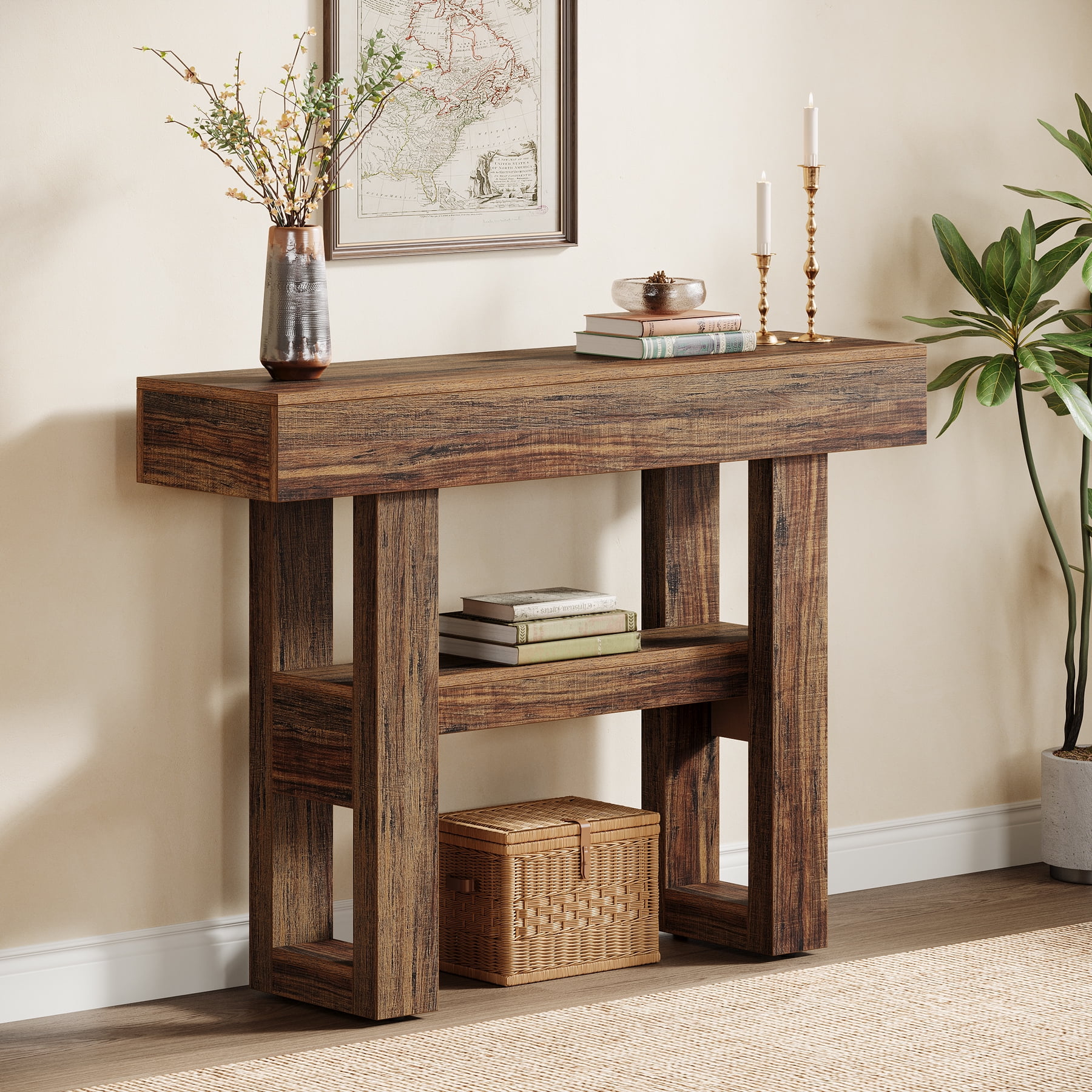 Tribesigns 41.34-Inch Farmhouse Console Table, 2-Tier Narrow Sofa Table Behind the Couch, Entryway Furniture with Storage Shelves for Living Room, Hallway, Foyer, Rustic Brown