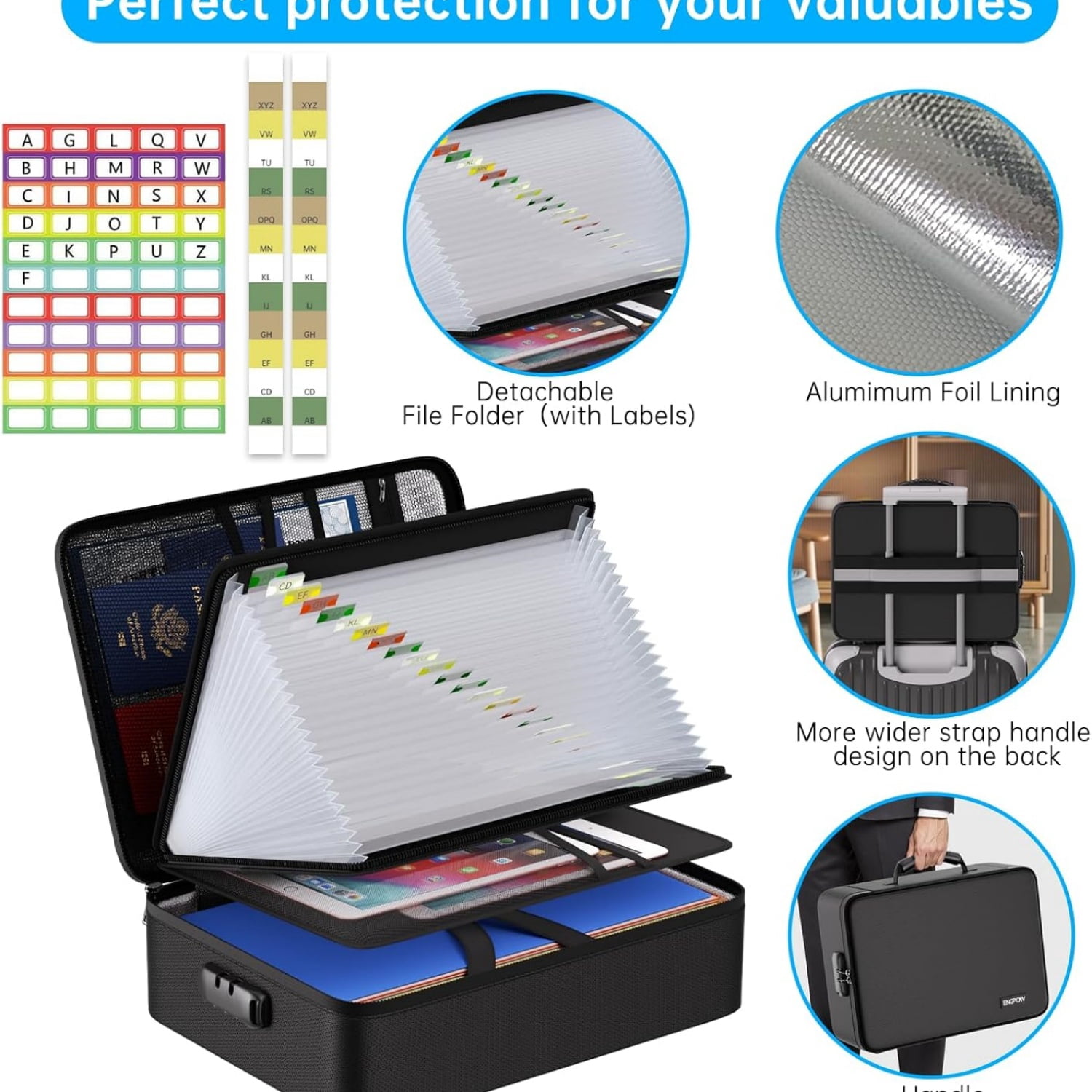 Fireproof Document Box with Lock,5200℉ Soft Case Fireproof Box with 25 Pocket Accordion File Folder,Multi-Layer Fireproof Water Resistant File Organizer Storage for Important Documents,Laptop