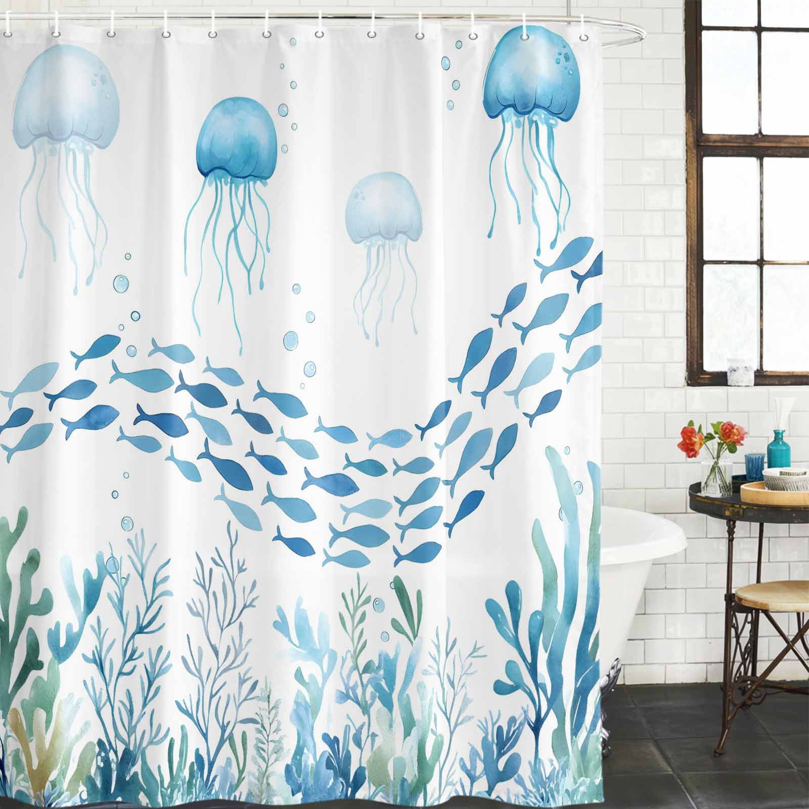 Shower Curtain Bathroom Set Underwater Life Octopus Fish Seaweed Waterproof Fabric Shower Curtains with Grommets&Hooks, Marine Theme Coral Privacy Bath Curtain for Bathtub 72x72in