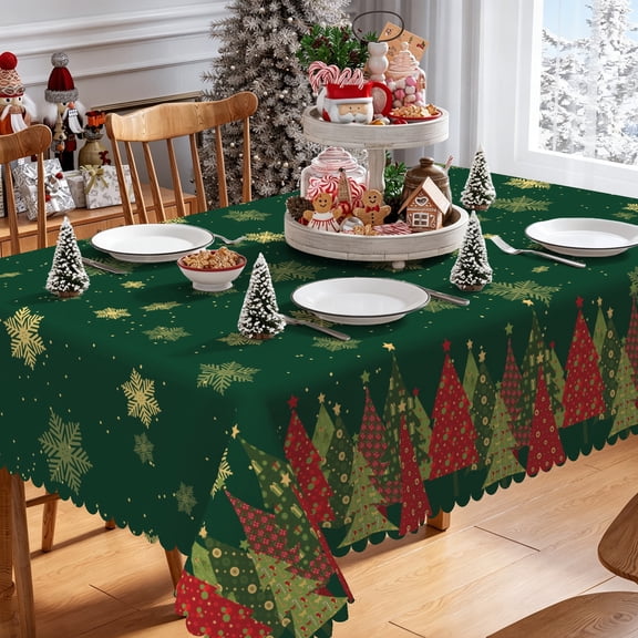 Christmas Rectangle Tablecloth Winter Green Red Xmas Tree Snowflake Waterproof Table Cover for Holiday Party Dinner 60"W x 84"L