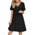 thumbnail image 2 of Summer Dresses for Women 2025 Vacation Short Sleeve V Neck Mini T Shirt Dress Smocked Pleated Ruffle Flowy Beach Sundresses A Line Flowy Sun Dresses Add To Today My Delivery for Today, 2 of 8