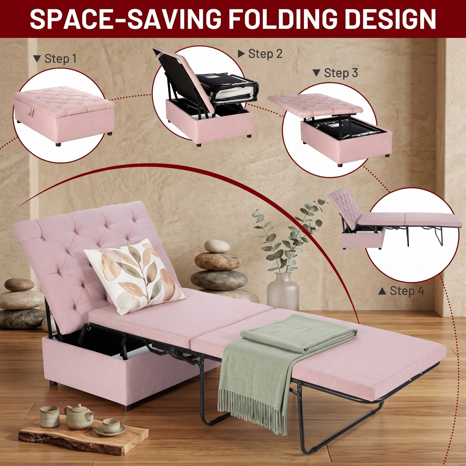 Furnibear Folding Bed Ottoman Sleeper with Mattress and Padded Storage Stool, Rollaway Bed Frame for Guest Room Office and Nap, Pink