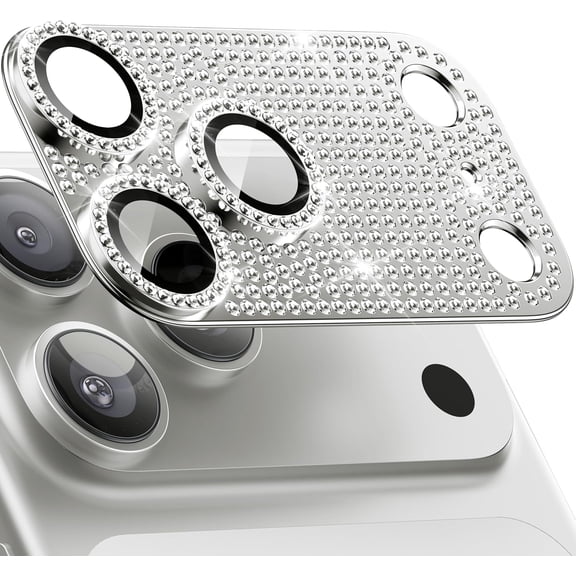 Camera Lens Protector with Diamond Bling Compatible with iPhone 17 Pro Glitter Metal Aluminum Alloy Rear Camera Screen Cover Accessories, Silver