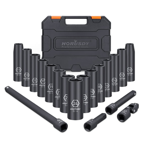Horusdy 19 Pieces 1/2-Inch Drive Deep Impact Socket Set Axle Hub Nut 6-Point Metric CR-V