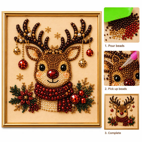 DIY Christmas Pearl Diamond Painting Art Kit with Frame, Christmas Pearl Beads Art Craft for Adults Beginner, Gemstone Diamond Dots Beads for Home Wall Decor-7.8"*7.8"
