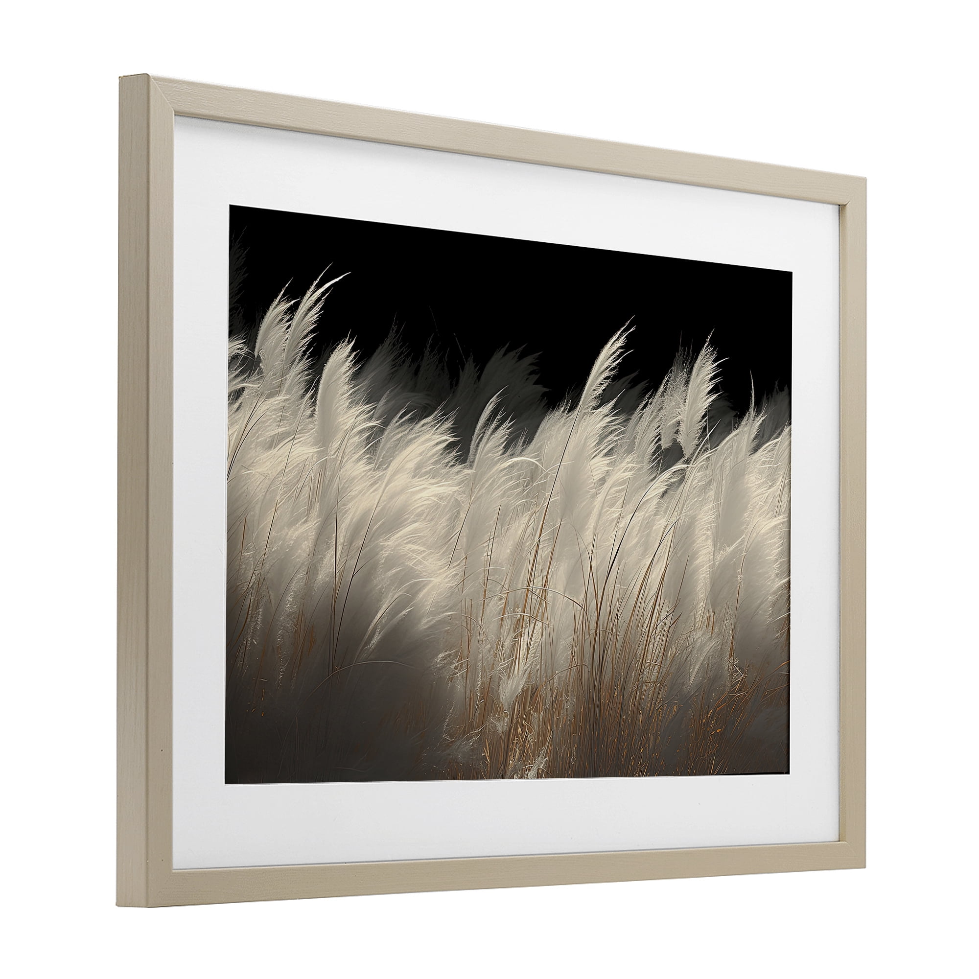 White Feathers Windblown Grasses Birch Framed Print Under Glass, design by Decent Exposures