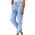 thumbnail image 2 of Sakmal Pleated Women's Pants Drawstring Cotton Linen Comfy Cuffed High Waisted Solid Blue Full Length Pants with Pockets, 2 of 6
