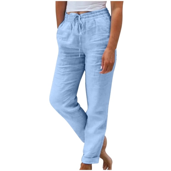Staron Women's Casual Pants Linen Cotton Wide Leg High Waist Drawstring Loose Comfy Lounge Pants with Pockets, Blue L