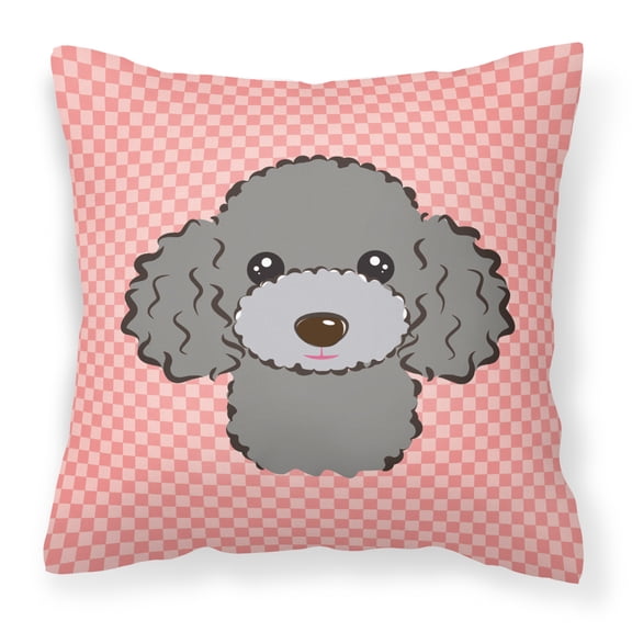 Checkerboard Pink Silver Gray Poodle Fabric Decorative Pillow