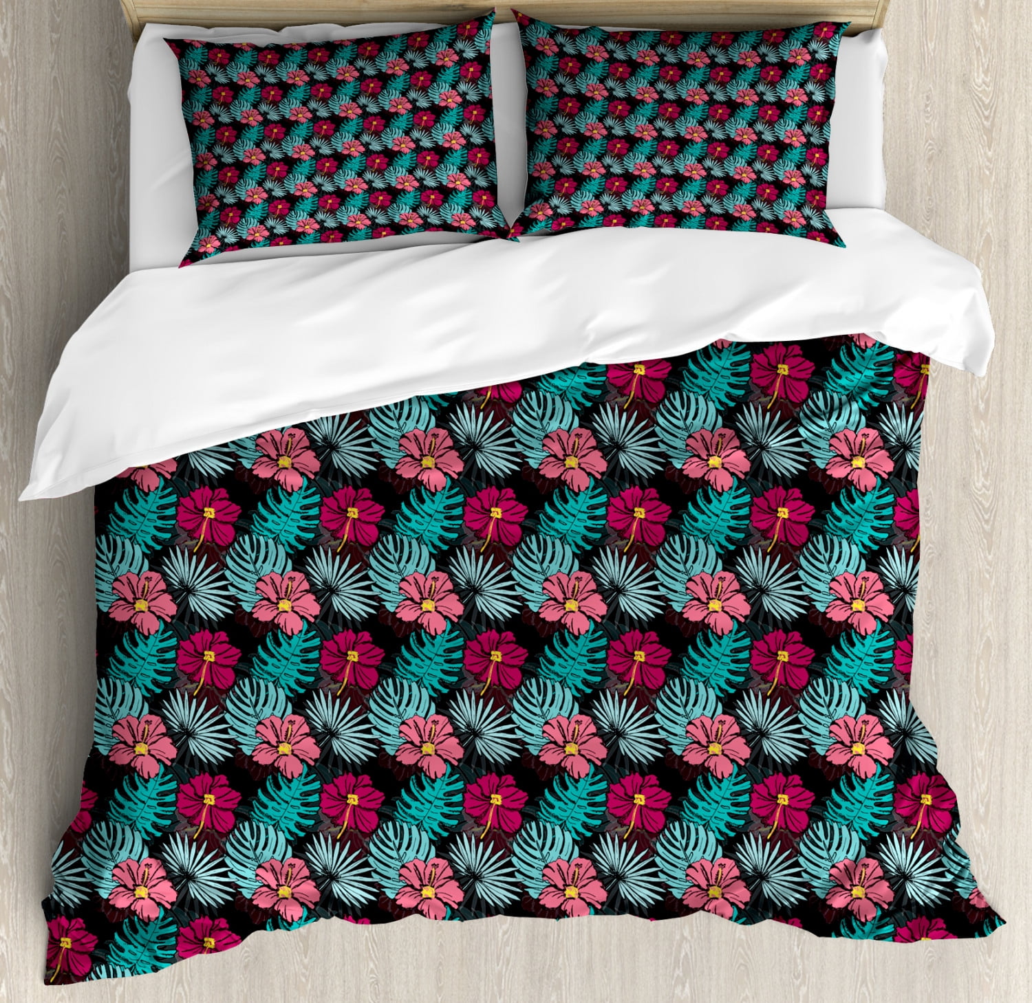 Tropical Duvet Cover Set King Size, Hibiscus and Monstera Leaves