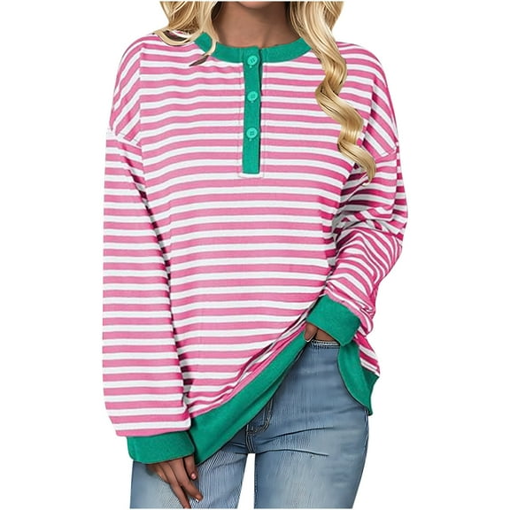 YUGYXL Striped Henley Shirts for Women Fall Winter Long Sleeve Blouses Y2K Comfy Pullover Sweatshirt Green XL